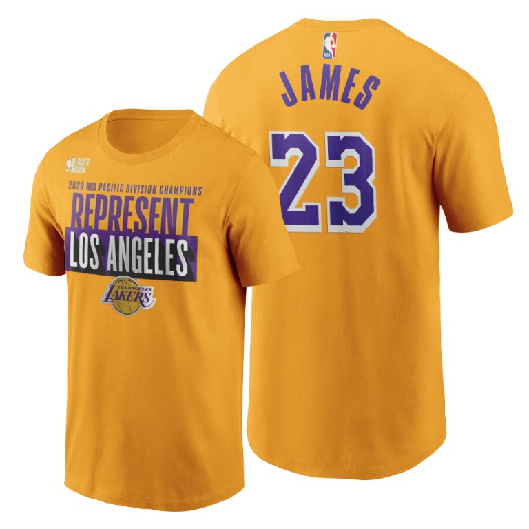 Men's Los Angeles Lakers LeBron James #23 NBA 2020 West Division Champs Playoffs Gold Basketball T-Shirt IKD6483ZA